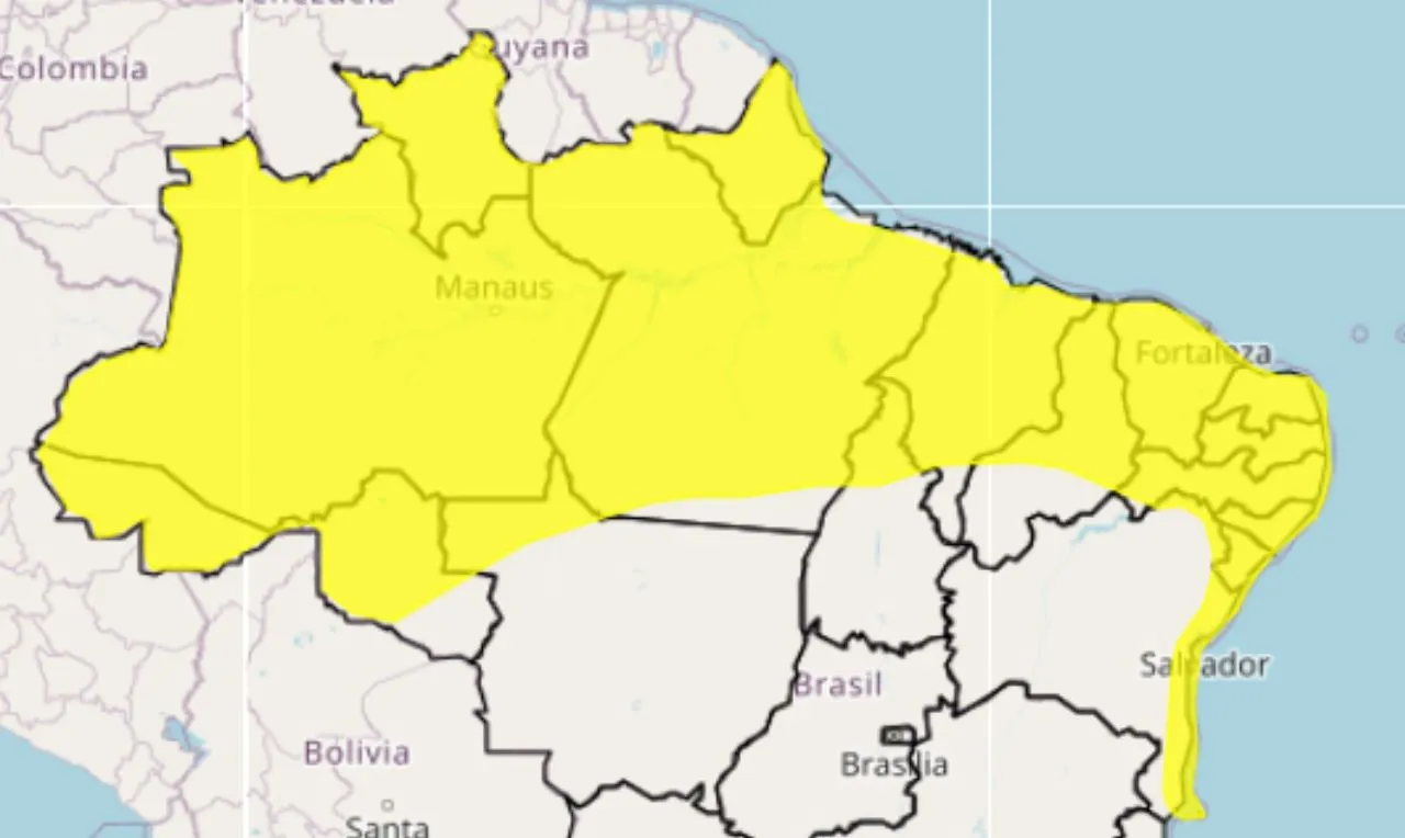 O mapa mostra as &aacute;reas em alerta para chuva intensa e ventos